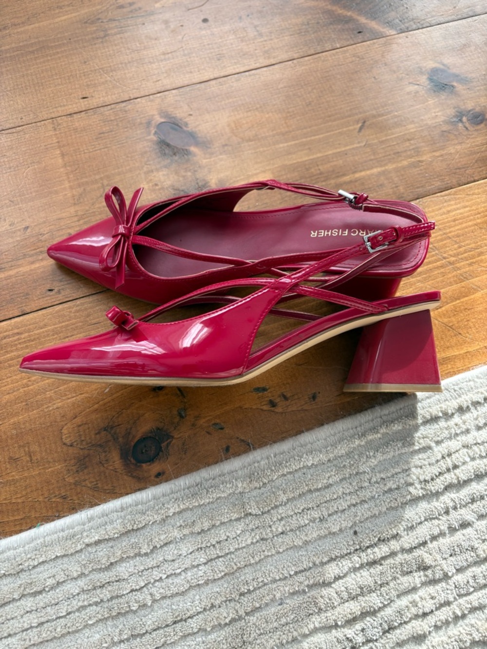 Marc Fisher Red Patent Slingback Pointed-Toe Pumps with Bow Accent - Picture 6 of 7